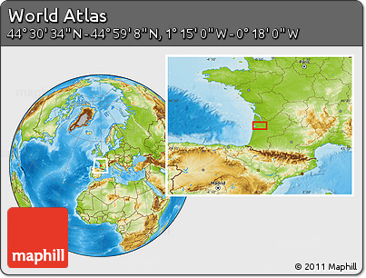 Physical Location Map of the Area around 44° 44' 51" N, 0° 46' 30" W