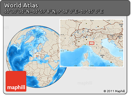 Shaded Relief Location Map of the Area around 44° 44' 51" N, 10° 16' 30" E