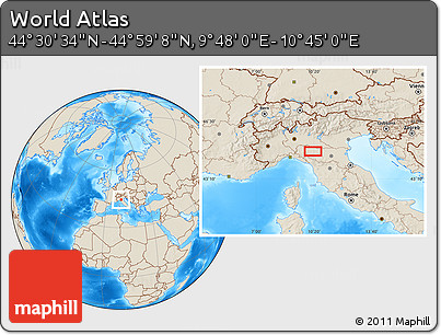Shaded Relief Location Map of the Area around 44° 44' 51" N, 10° 16' 30" E
