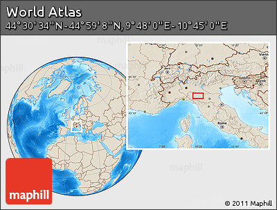 Shaded Relief Location Map of the Area around 44° 44' 51" N, 10° 16' 30" E