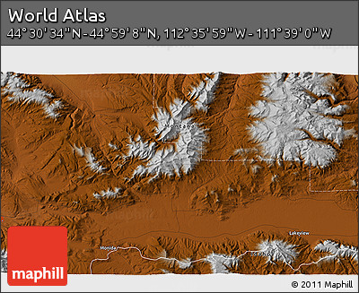 Physical 3D Map of the Area around 44° 44' 51" N, 112° 7' 30" W