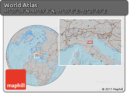Gray Location Map of the Area around 44° 44' 51" N, 11° 58' 29" E, hill shading