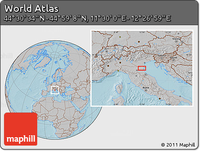 Gray Location Map of the Area around 44° 44' 51" N, 11° 58' 29" E, hill shading