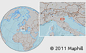 Gray Location Map of the area around 44° 44' 51" N, 11° 58' 29" E, hill shading