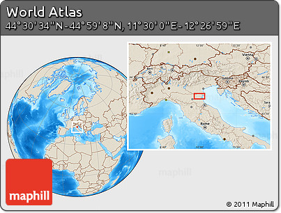 Shaded Relief Location Map of the Area around 44° 44' 51" N, 11° 58' 29" E