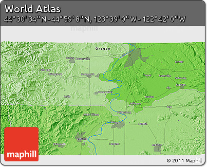Political 3D Map of the Area around 44° 44' 51" N, 123° 10' 30" W