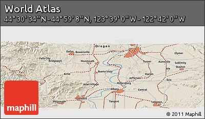 Shaded Relief Panoramic Map of the Area around 44° 44' 51" N, 123° 10' 30" W