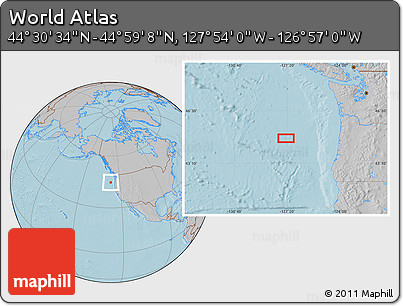 Gray Location Map of the Area around 44° 44' 51" N, 127° 25' 30" W, hill shading