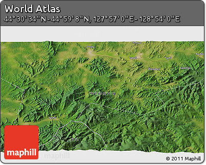 Satellite 3D Map of the Area around 44° 44' 51" N, 128° 25' 30" E