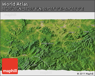 Satellite 3D Map of the Area around 44° 44' 51" N, 128° 25' 30" E