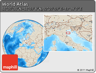 Shaded Relief Location Map of the Area around 44° 44' 51" N, 12° 49' 29" E