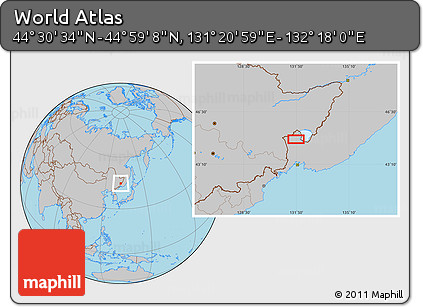 Gray Location Map of the Area around 44° 44' 51" N, 131° 49' 29" E
