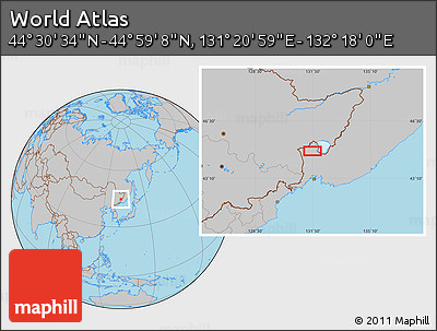 Gray Location Map of the Area around 44° 44' 51" N, 131° 49' 29" E