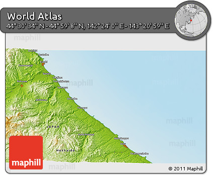 Physical 3D Map of the Area around 44° 44' 51" N, 142° 52' 30" E