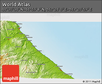 Physical 3D Map of the Area around 44° 44' 51" N, 142° 52' 30" E