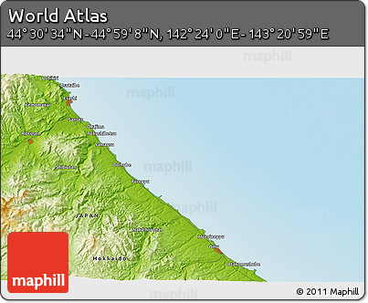 Physical 3D Map of the Area around 44° 44' 51" N, 142° 52' 30" E