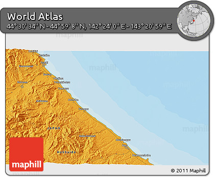 Political 3D Map of the Area around 44° 44' 51" N, 142° 52' 30" E