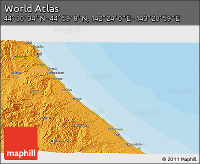 Political 3D Map of the Area around 44° 44' 51" N, 142° 52' 30" E