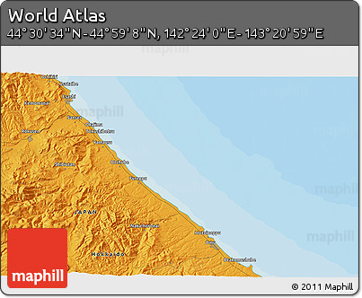 Political 3D Map of the Area around 44° 44' 51" N, 142° 52' 30" E