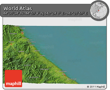 Satellite 3D Map of the Area around 44° 44' 51" N, 142° 52' 30" E