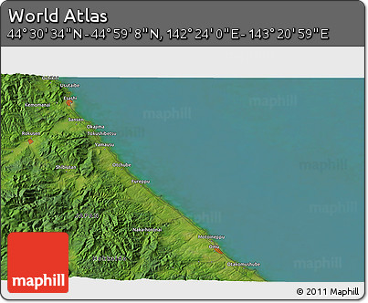 Satellite 3D Map of the Area around 44° 44' 51" N, 142° 52' 30" E