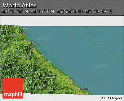 Satellite 3D Map of the Area around 44° 44' 51" N, 142° 52' 30" E
