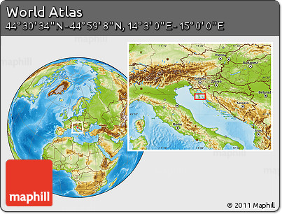 Physical Location Map of the Area around 44° 44' 51" N, 14° 31' 30" E