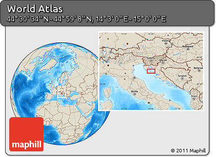 Shaded Relief Location Map of the Area around 44° 44' 51" N, 14° 31' 30" E