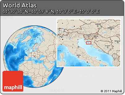 Shaded Relief Location Map of the Area around 44° 44' 51" N, 14° 31' 30" E