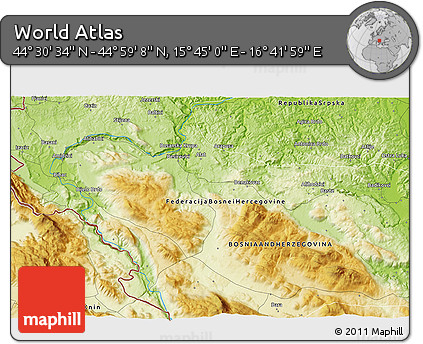 Physical 3D Map of the Area around 44° 44' 51" N, 16° 13' 30" E