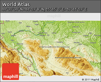 Physical 3D Map of the Area around 44° 44' 51" N, 16° 13' 30" E