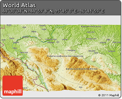 Physical 3D Map of the Area around 44° 44' 51" N, 16° 13' 30" E