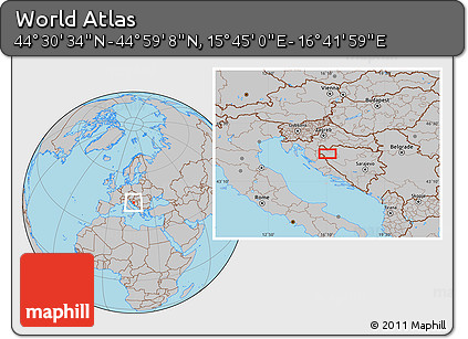 Gray Location Map of the Area around 44° 44' 51" N, 16° 13' 30" E