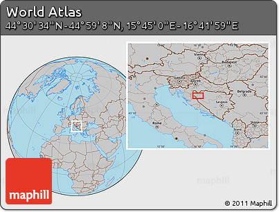 Gray Location Map of the Area around 44° 44' 51" N, 16° 13' 30" E