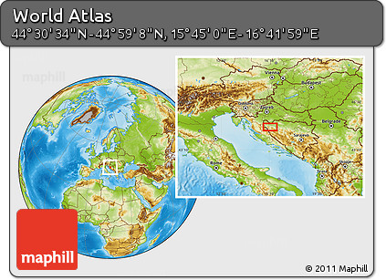 Physical Location Map of the Area around 44° 44' 51" N, 16° 13' 30" E