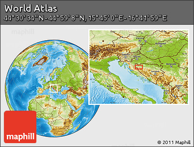 Physical Location Map of the Area around 44° 44' 51" N, 16° 13' 30" E