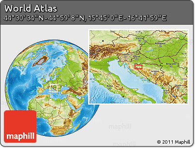 Physical Location Map of the Area around 44° 44' 51" N, 16° 13' 30" E