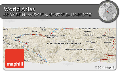 Shaded Relief Panoramic Map of the Area around 44° 44' 51" N, 16° 13' 30" E