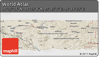 Shaded Relief Panoramic Map of the Area around 44° 44' 51" N, 16° 13' 30" E