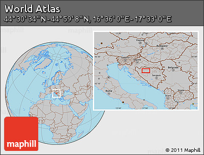 Gray Location Map of the Area around 44° 44' 51" N, 17° 4' 30" E