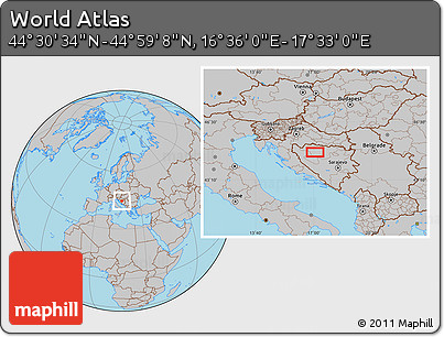 Gray Location Map of the Area around 44° 44' 51" N, 17° 4' 30" E