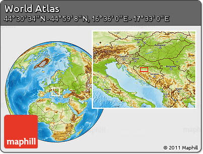 Physical Location Map of the Area around 44° 44' 51" N, 17° 4' 30" E