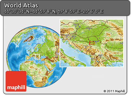 Physical Location Map of the Area around 44° 44' 51" N, 19° 37' 30" E