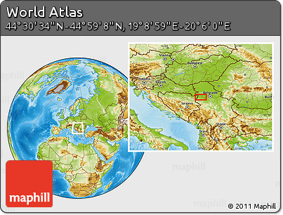 Physical Location Map of the Area around 44° 44' 51" N, 19° 37' 30" E