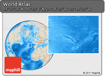 Shaded Relief Location Map of the Area around 44° 44' 51" N, 21° 10' 29" W