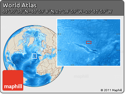 Shaded Relief Location Map of the Area around 44° 44' 51" N, 21° 10' 29" W