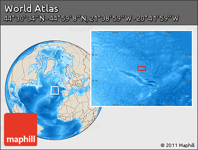 Shaded Relief Location Map of the Area around 44° 44' 51" N, 21° 10' 29" W