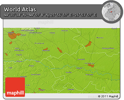 Physical 3D Map of the Area around 44° 44' 51" N, 26° 25' 29" E