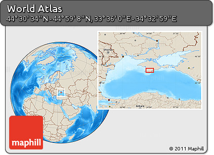 Shaded Relief Location Map of the Area around 44° 44' 51" N, 34° 4' 30" E