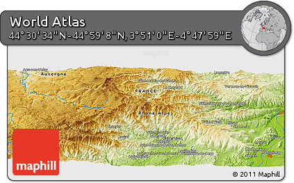 Physical Panoramic Map of the Area around 44° 44' 51" N, 4° 19' 30" E